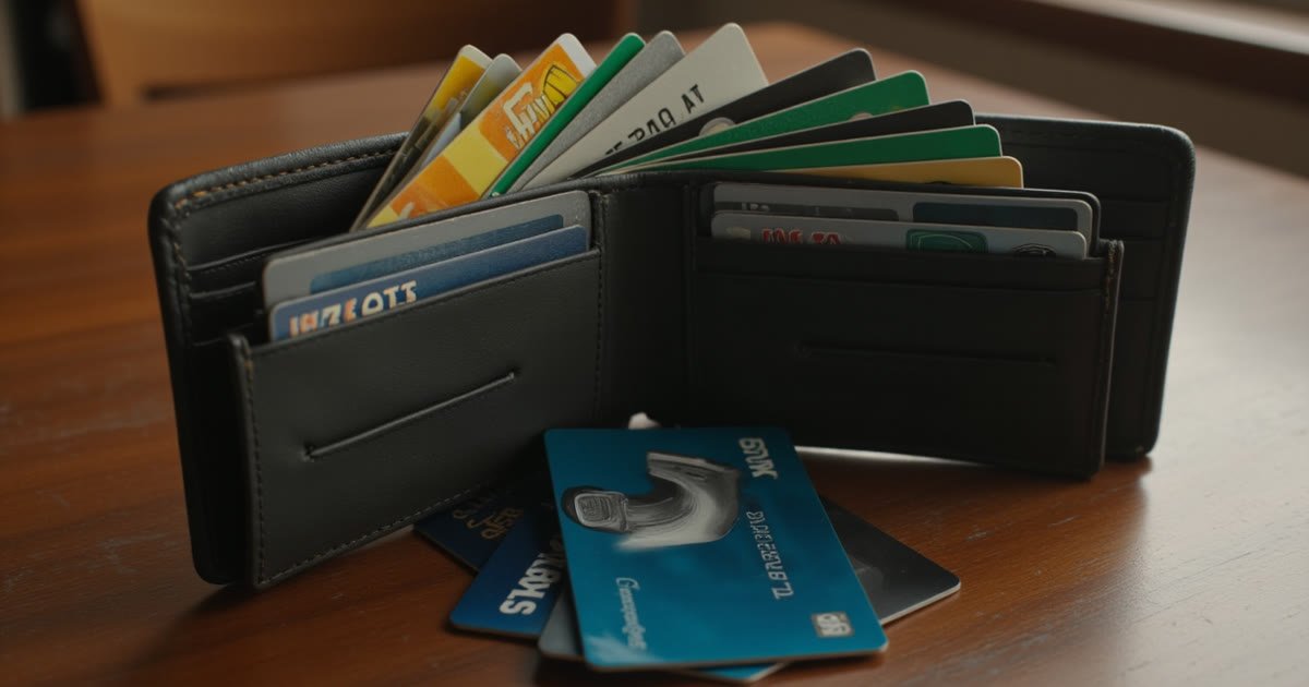 Wallet full of credit cards on a table
